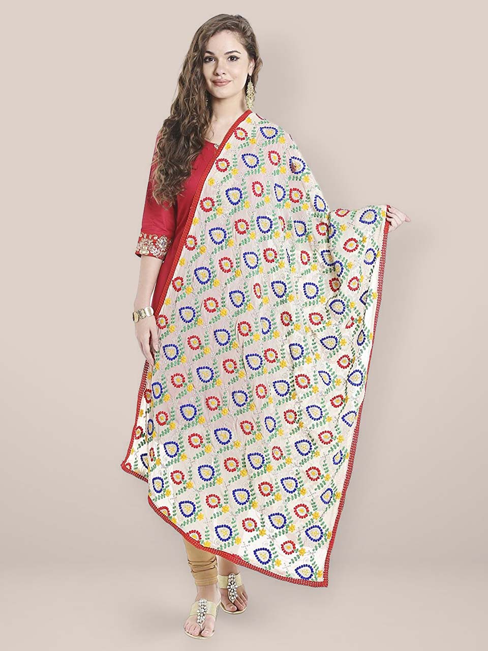 Beige  Phulkari Chiffon Dupatta freeshipping - Dupatta Bazaar