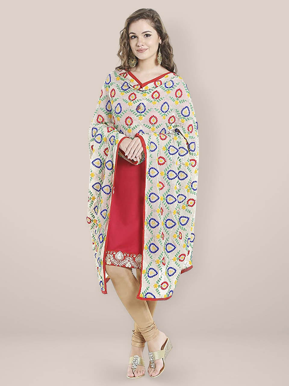 Beige  Phulkari Chiffon Dupatta freeshipping - Dupatta Bazaar