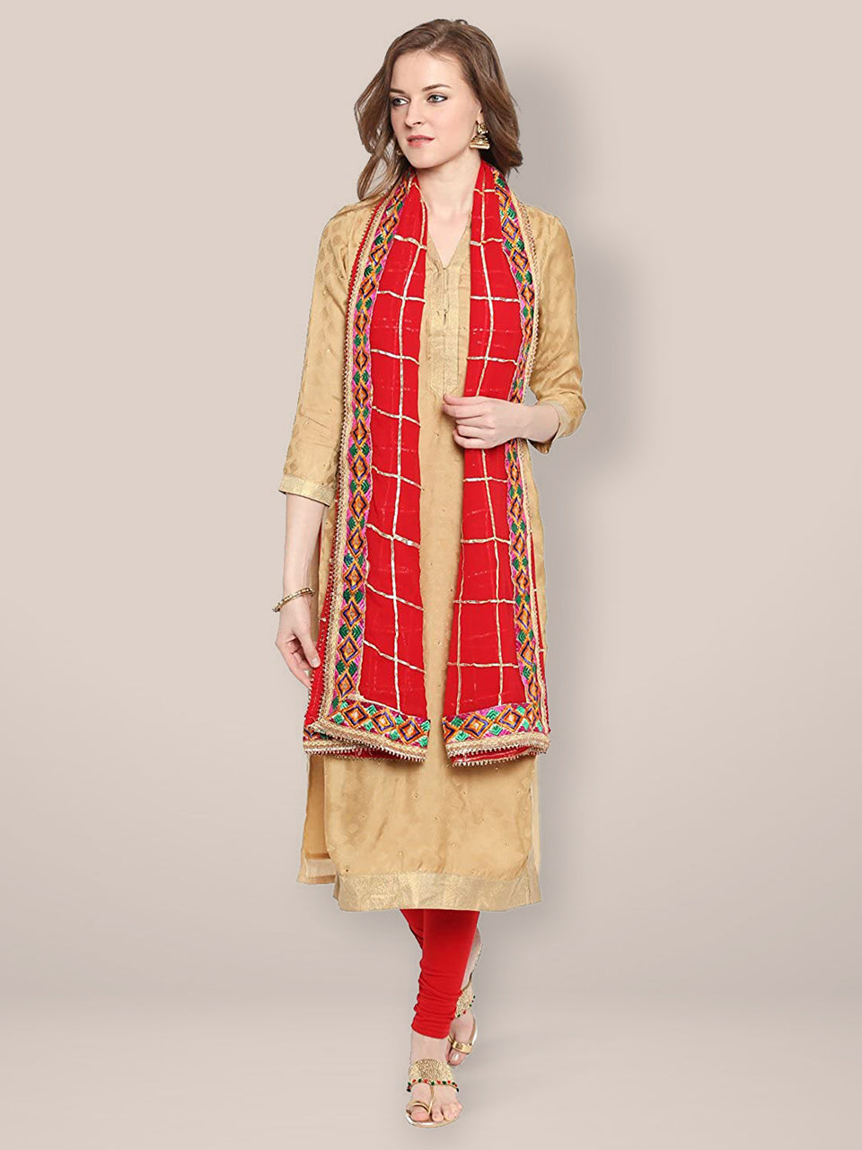 Red & Gold Phulkari Border Dupatta freeshipping - Dupatta Bazaar