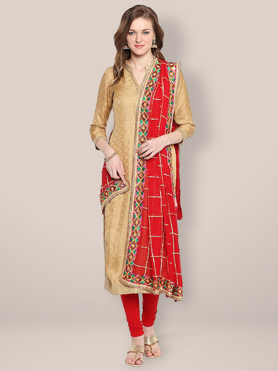 Red & Gold Phulkari Border Dupatta freeshipping - Dupatta Bazaar