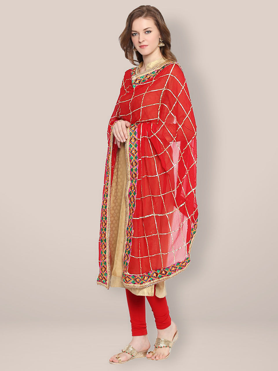 Red & Gold Phulkari Border Dupatta freeshipping - Dupatta Bazaar