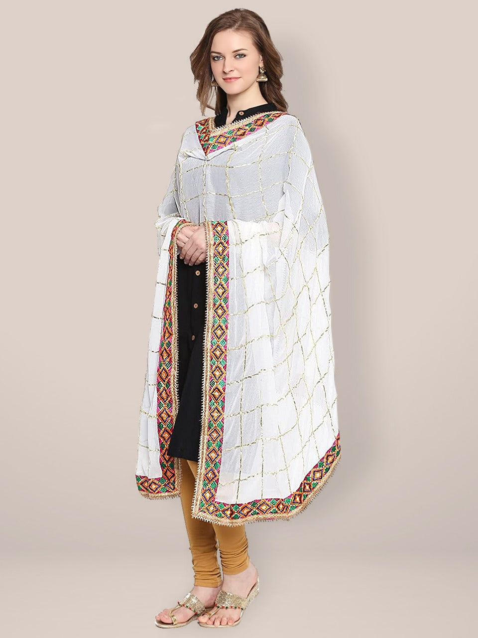 White Chiffon Dupatta with Phulkari Border freeshipping - Dupatta Bazaar