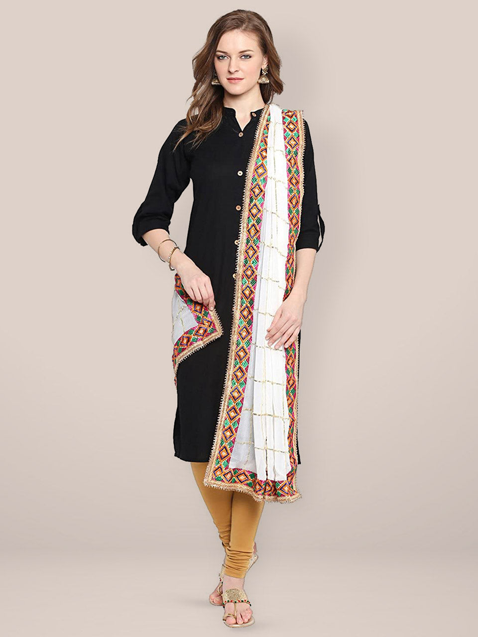 White Chiffon Dupatta with Phulkari Border freeshipping - Dupatta Bazaar