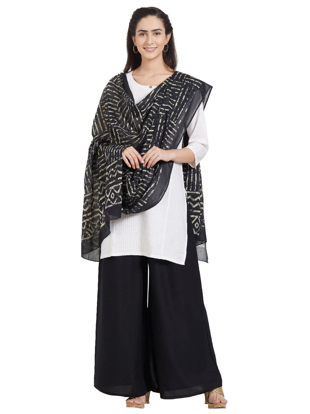 Dupatta Bazaar Woman's Cotton Black & Off White Block Printed Dupatta - Dupatta Bazaar
