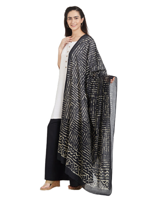 Dupatta Bazaar Woman's Cotton Black & Off White Block Printed Dupatta - Dupatta Bazaar
