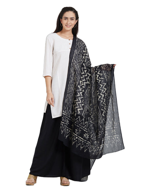 Dupatta Bazaar Woman's Cotton Black & Off White Block Printed Dupatta - Dupatta Bazaar