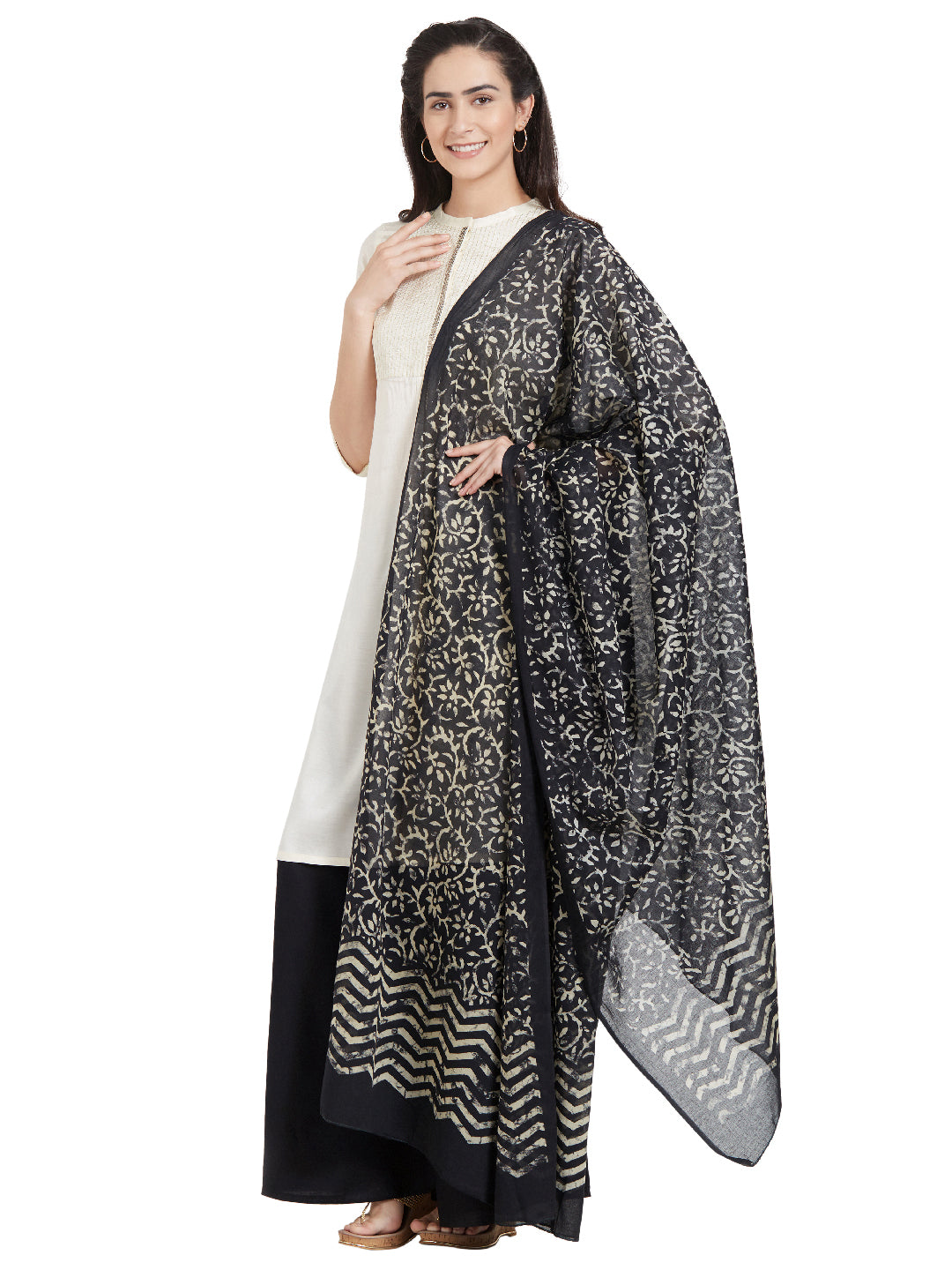 Dupatta Bazaar Woman's Cotton Black & Off White Block Printed Dupatta - Dupatta Bazaar