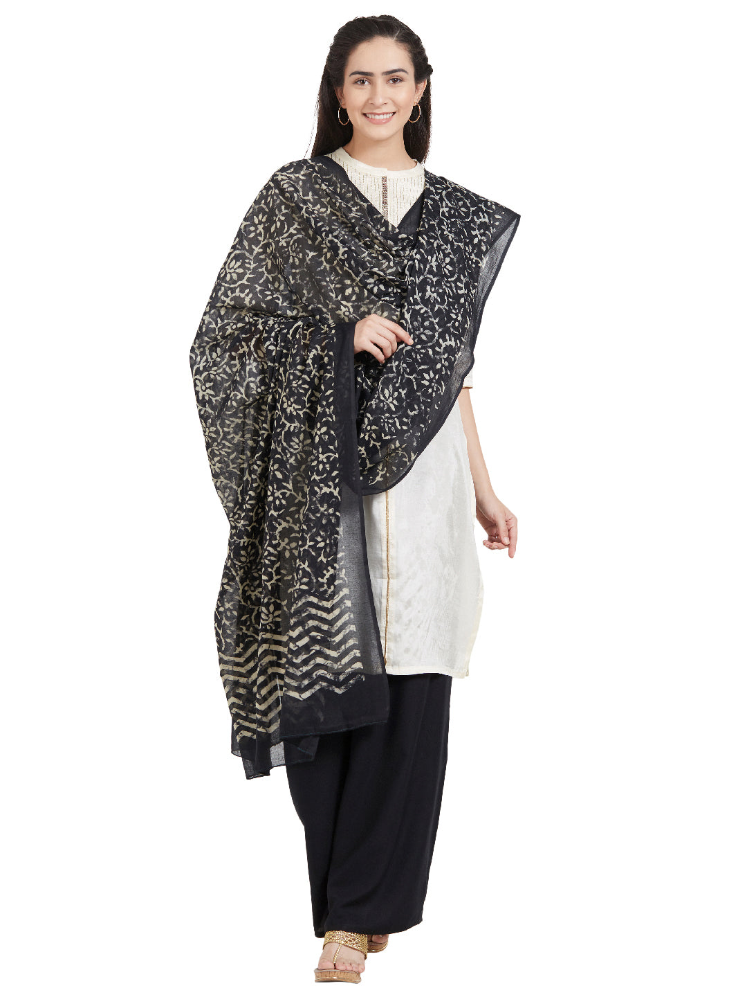 Dupatta Bazaar Woman's Cotton Black & Off White Block Printed Dupatta - Dupatta Bazaar