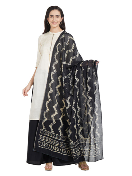Dupatta Bazaar Woman's Cotton Black & Off White Block Printed Dupatta - Dupatta Bazaar