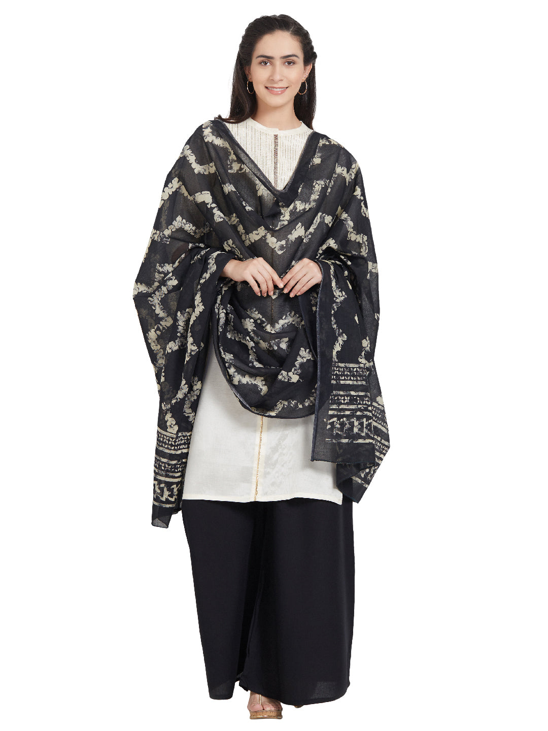 Dupatta Bazaar Woman's Cotton Black & Off White Block Printed Dupatta - Dupatta Bazaar