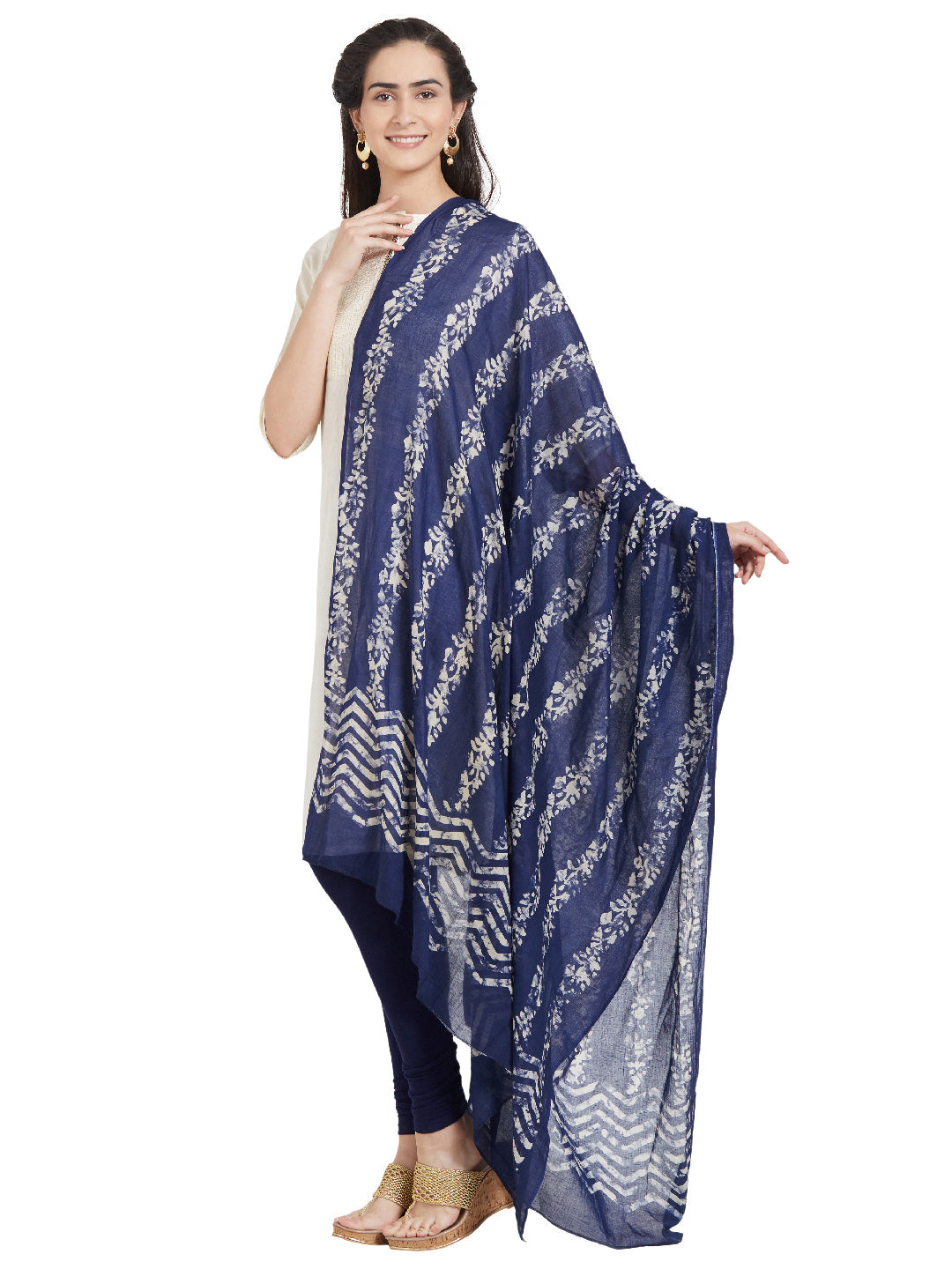 Dupatta Bazaar Woman's Cotton Indigo & Off White Block Printed Dupatta - Dupatta Bazaar