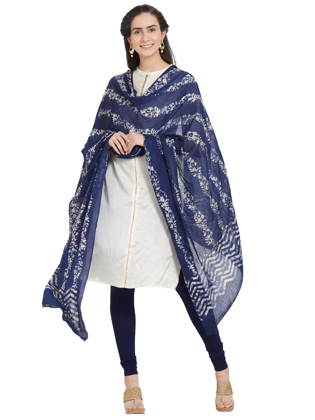 Dupatta Bazaar Woman's Cotton Indigo & Off White Block Printed Dupatta - Dupatta Bazaar