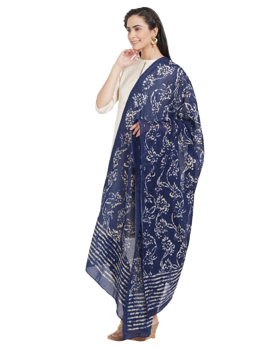 Dupatta Bazaar Woman's Cotton Indigo & Off White Block Printed Dupatta - Dupatta Bazaar