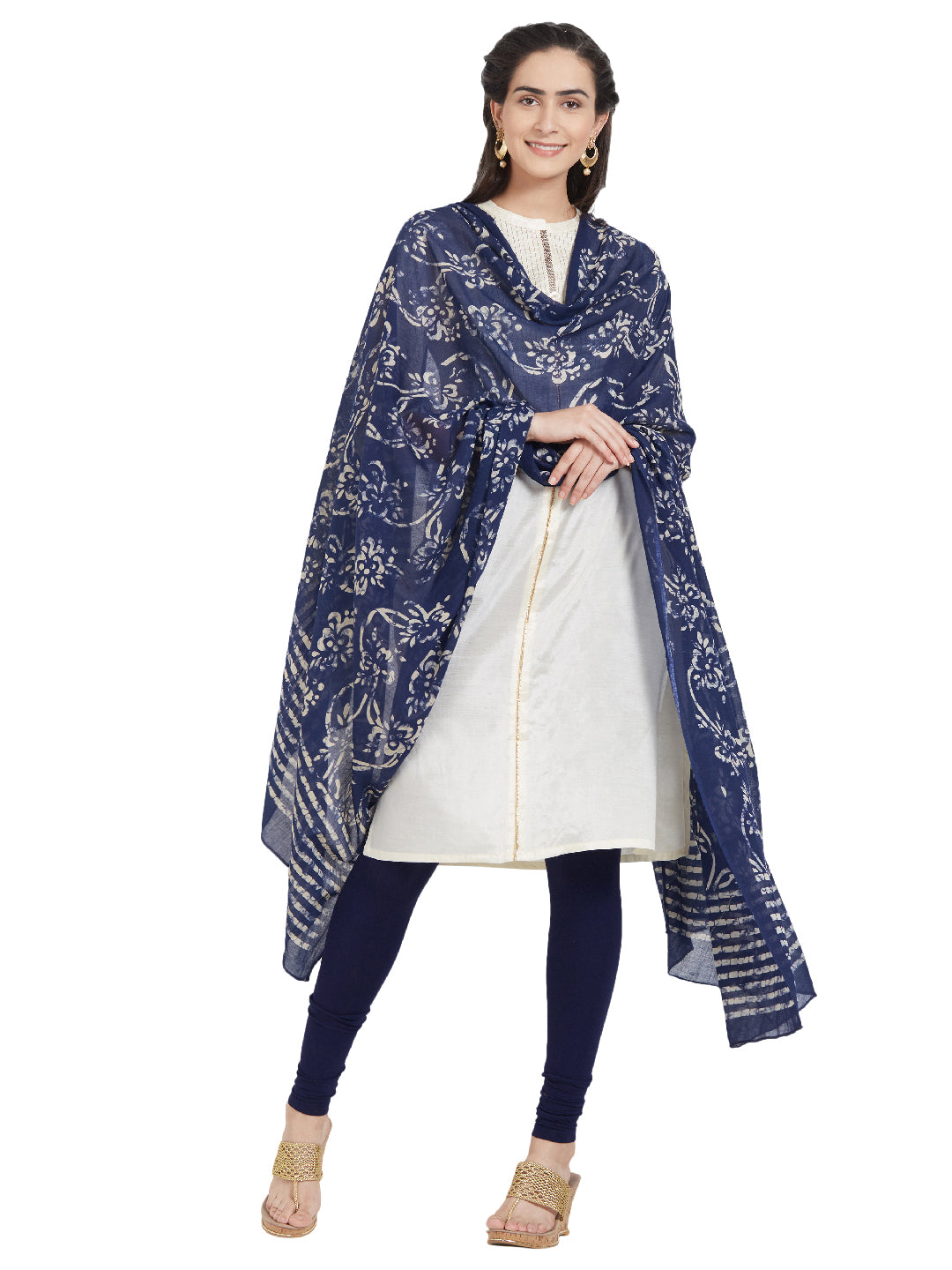 Dupatta Bazaar Woman's Cotton Indigo & Off White Block Printed Dupatta - Dupatta Bazaar