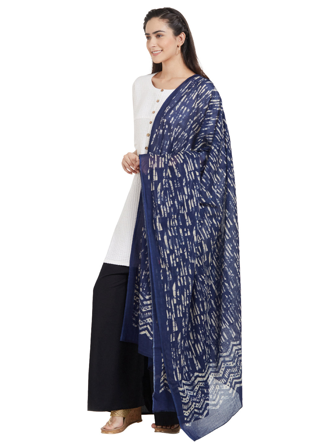 Dupatta Bazaar Woman's Cotton Indigo & Off White Block Printed Dupatta - Dupatta Bazaar