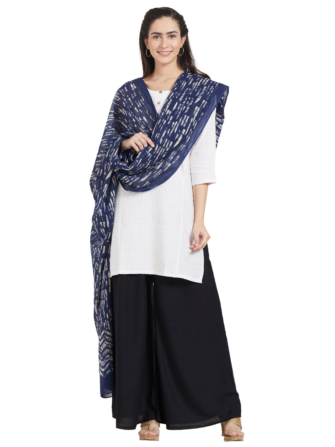 Dupatta Bazaar Woman's Cotton Indigo & Off White Block Printed Dupatta - Dupatta Bazaar