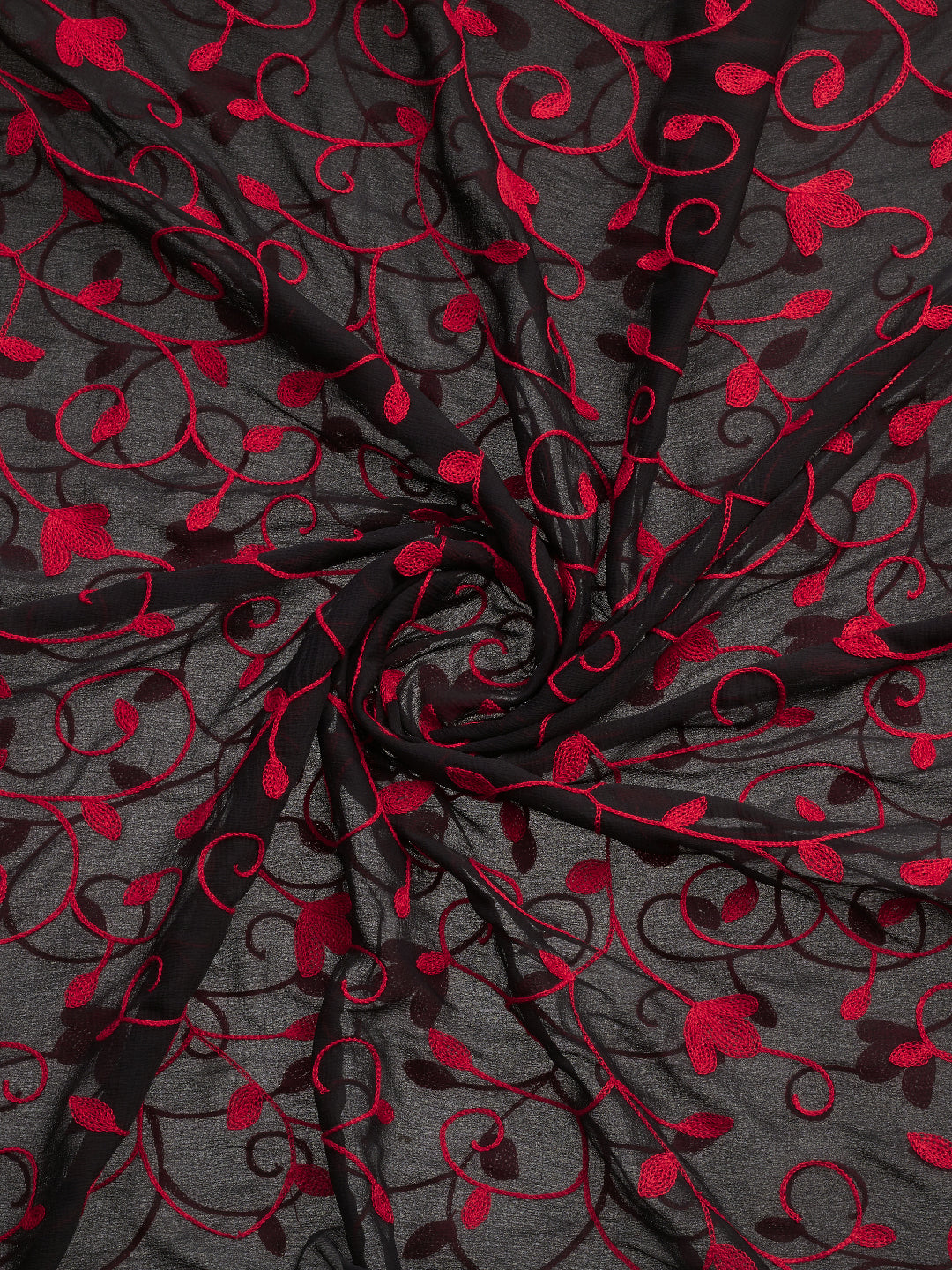 Dupatta Bazaar Woman's Black Chiffon Dupatta with Red Aari Work. - Dupatta Bazaar
