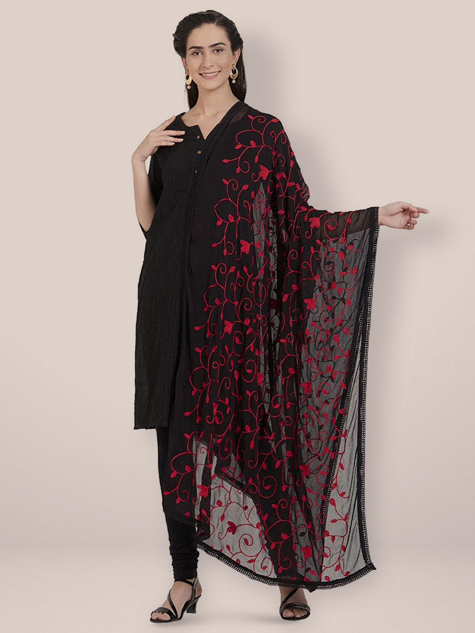 Black Chiffon Dupatta with Red Aari Work. freeshipping - Dupatta Bazaar
