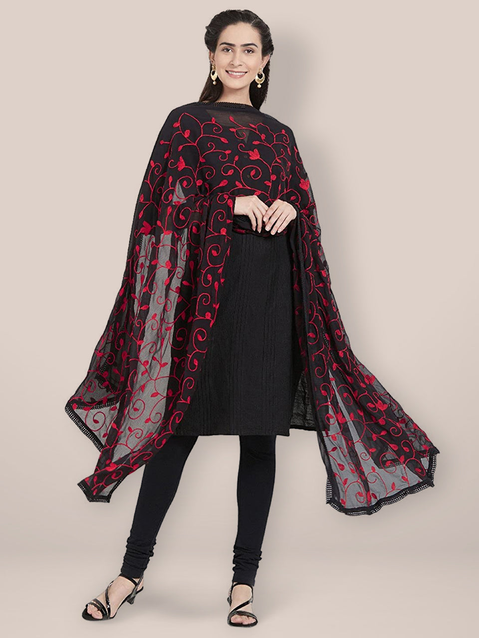 Black Chiffon Dupatta with Red Aari Work. freeshipping - Dupatta Bazaar