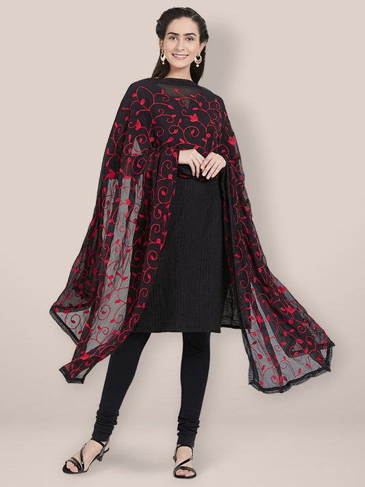Black Chiffon Dupatta with Red Aari Work. freeshipping - Dupatta Bazaar