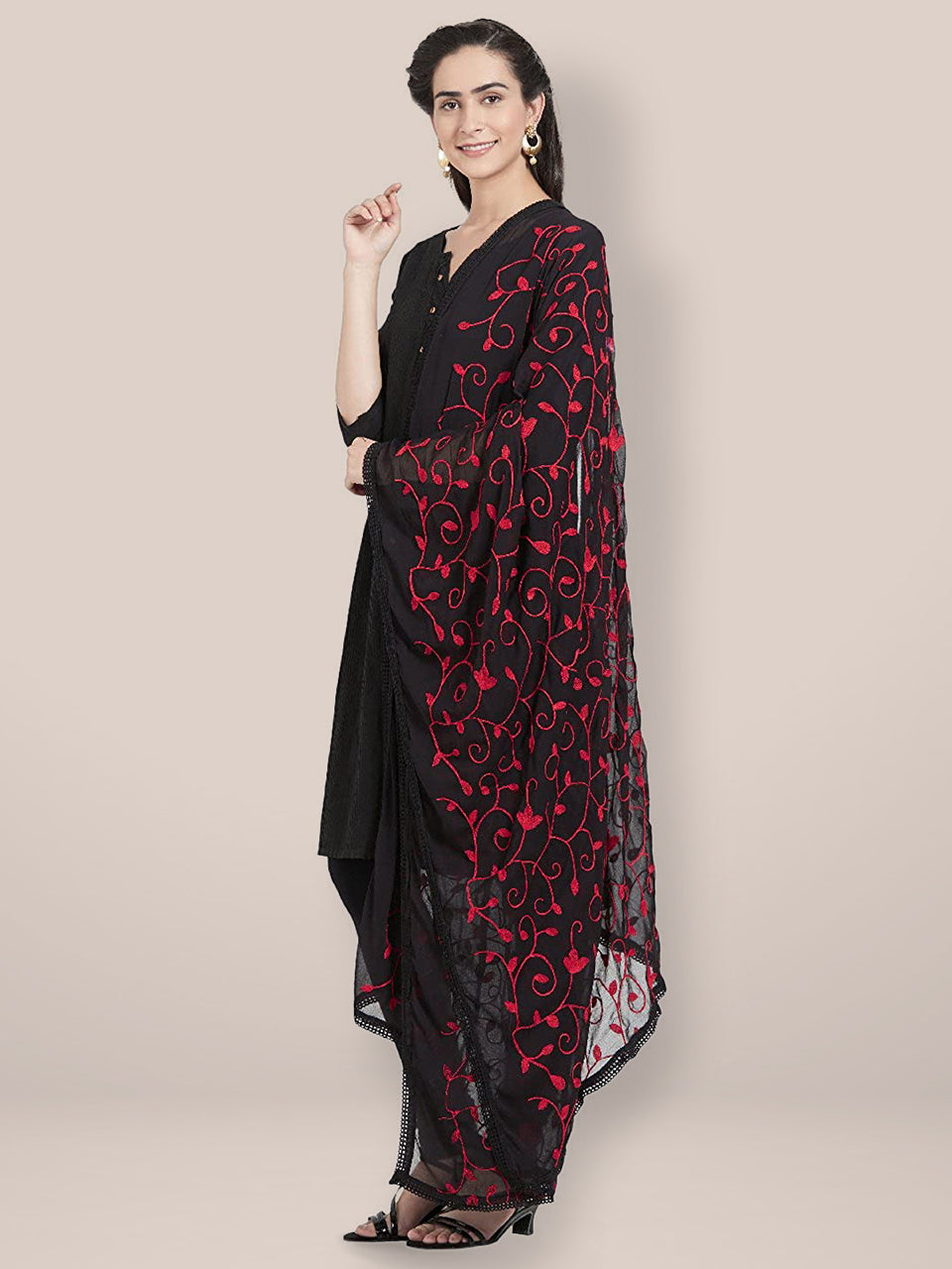 Black Chiffon Dupatta with Red Aari Work. freeshipping - Dupatta Bazaar