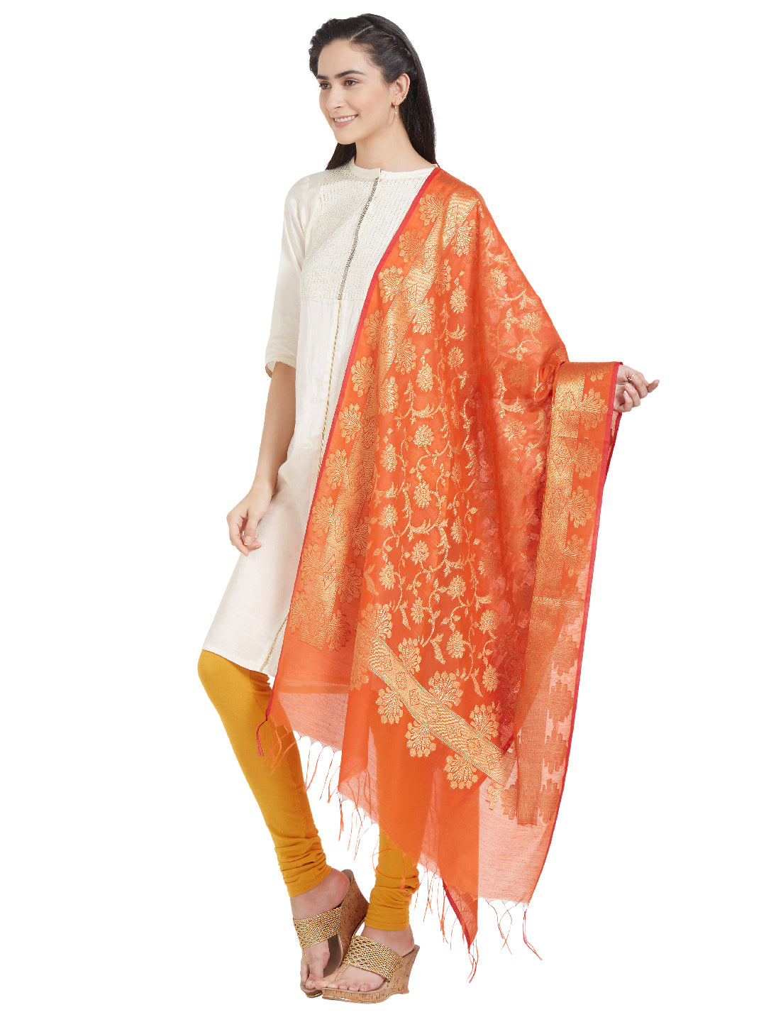 Dupatta Bazaar Woman's Orange & Gold Woven Banarasi Silk Dupatta - Dupatta Bazaar