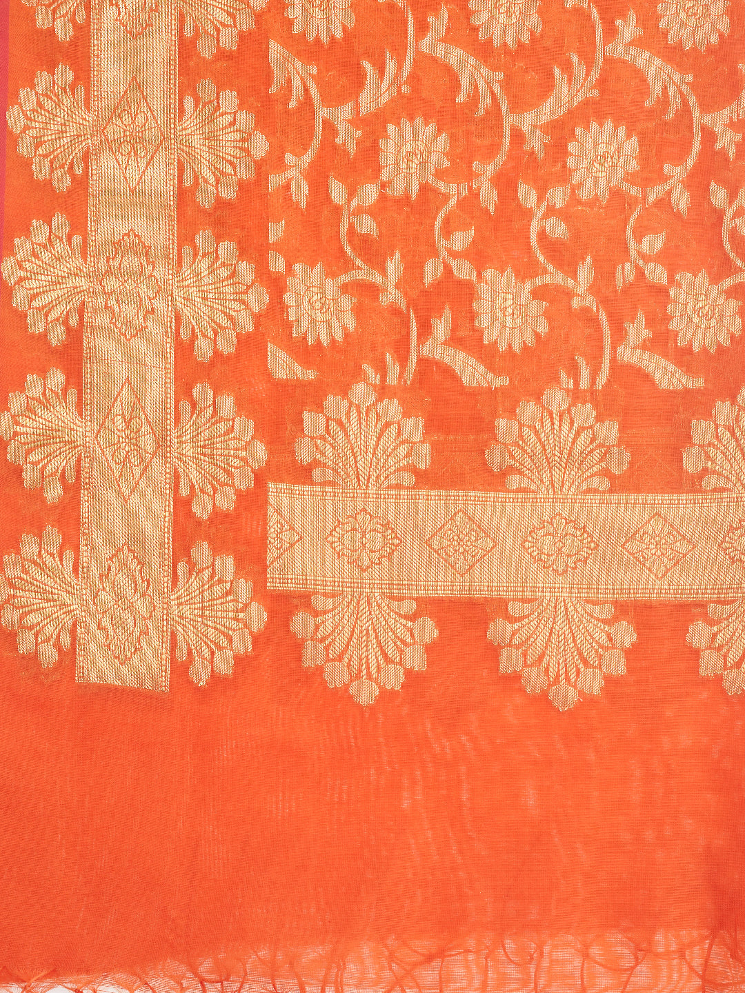 Dupatta Bazaar Woman's Orange & Gold Woven Banarasi Silk Dupatta - Dupatta Bazaar
