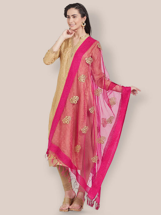 Pink Organza Gold Embridered Dupatta freeshipping - Dupatta Bazaar