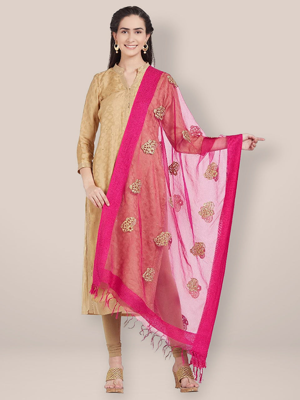 Pink Organza Gold Embridered Dupatta freeshipping - Dupatta Bazaar