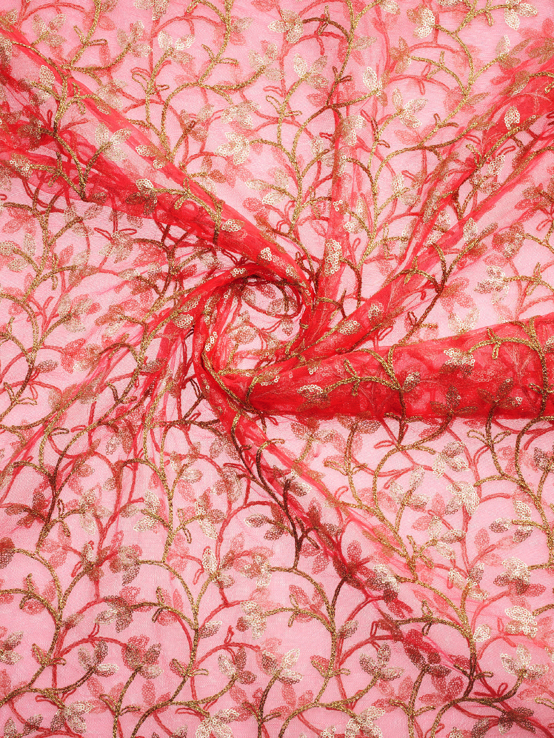 Dupatta Bazaar Woman's Red & Golden Net Embroidered Dupatta - Dupatta Bazaar