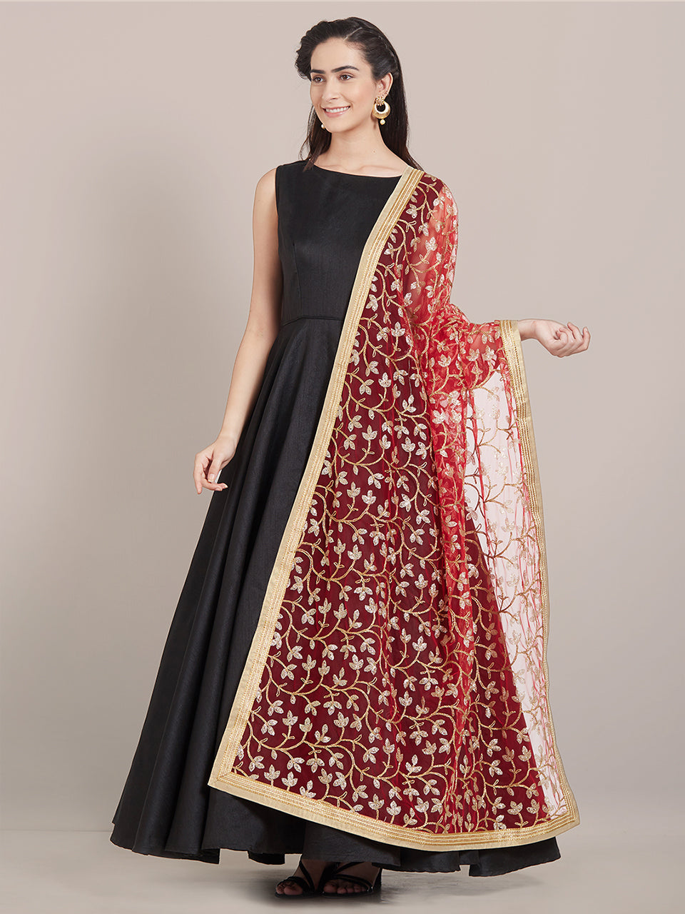 Red & Golden Net floral Embroidered Dupatta freeshipping - Dupatta Bazaar