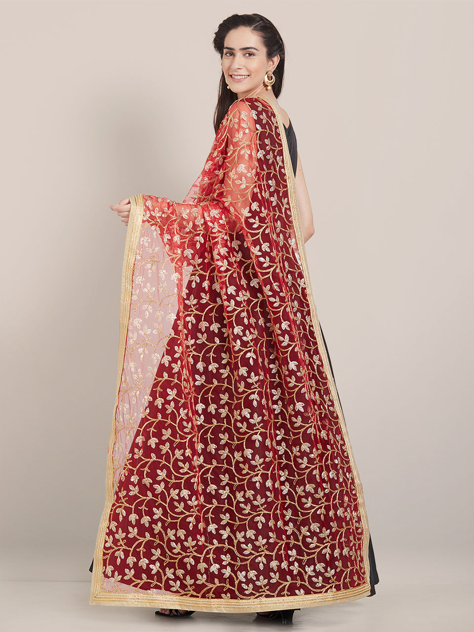 Red & Golden Net floral Embroidered Dupatta freeshipping - Dupatta Bazaar