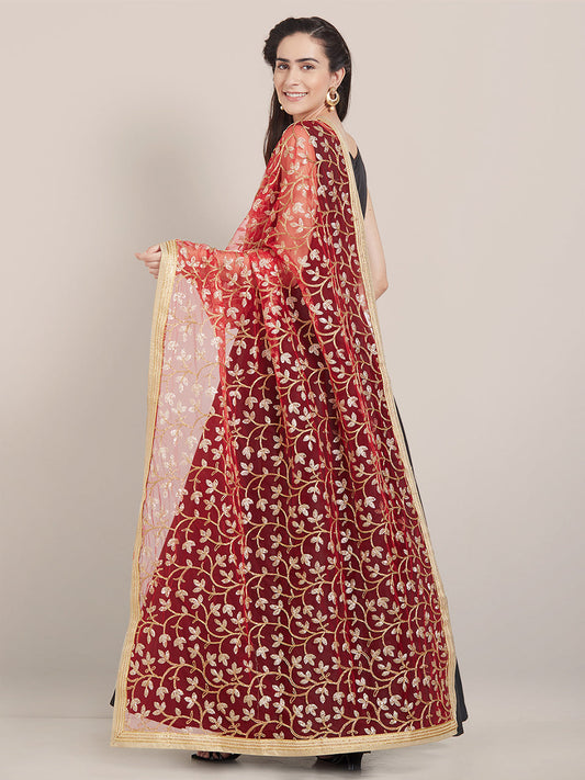 Red & Golden Net floral Embroidered Dupatta freeshipping - Dupatta Bazaar