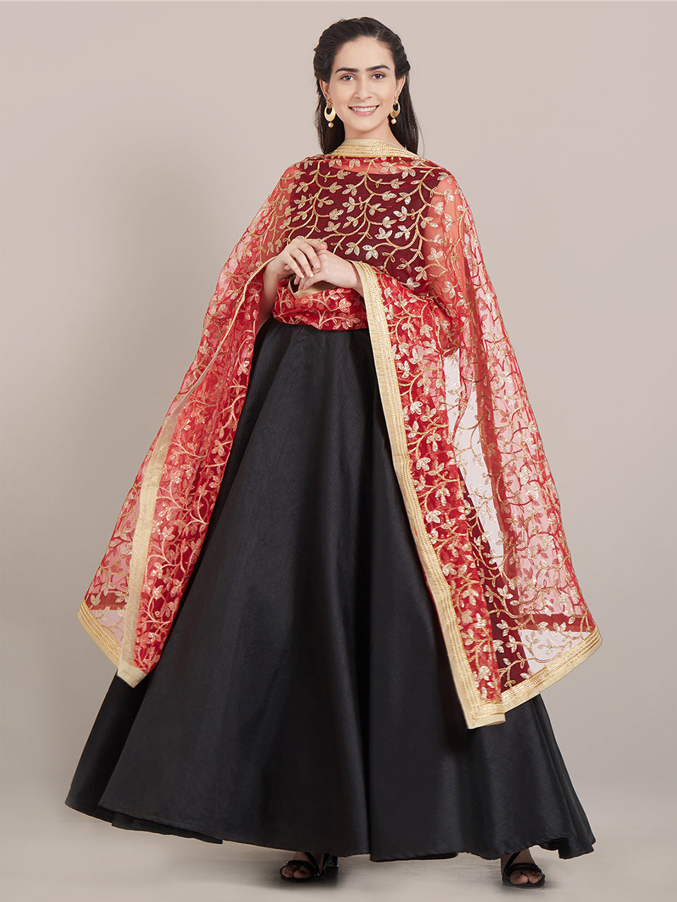 Red & Golden Net floral Embroidered Dupatta freeshipping - Dupatta Bazaar