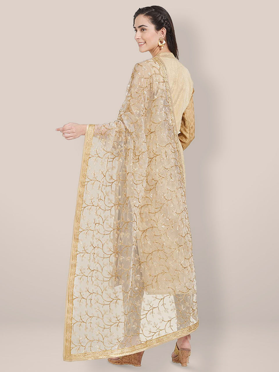 White & Gold Embroidered Net Dupatta freeshipping - Dupatta Bazaar