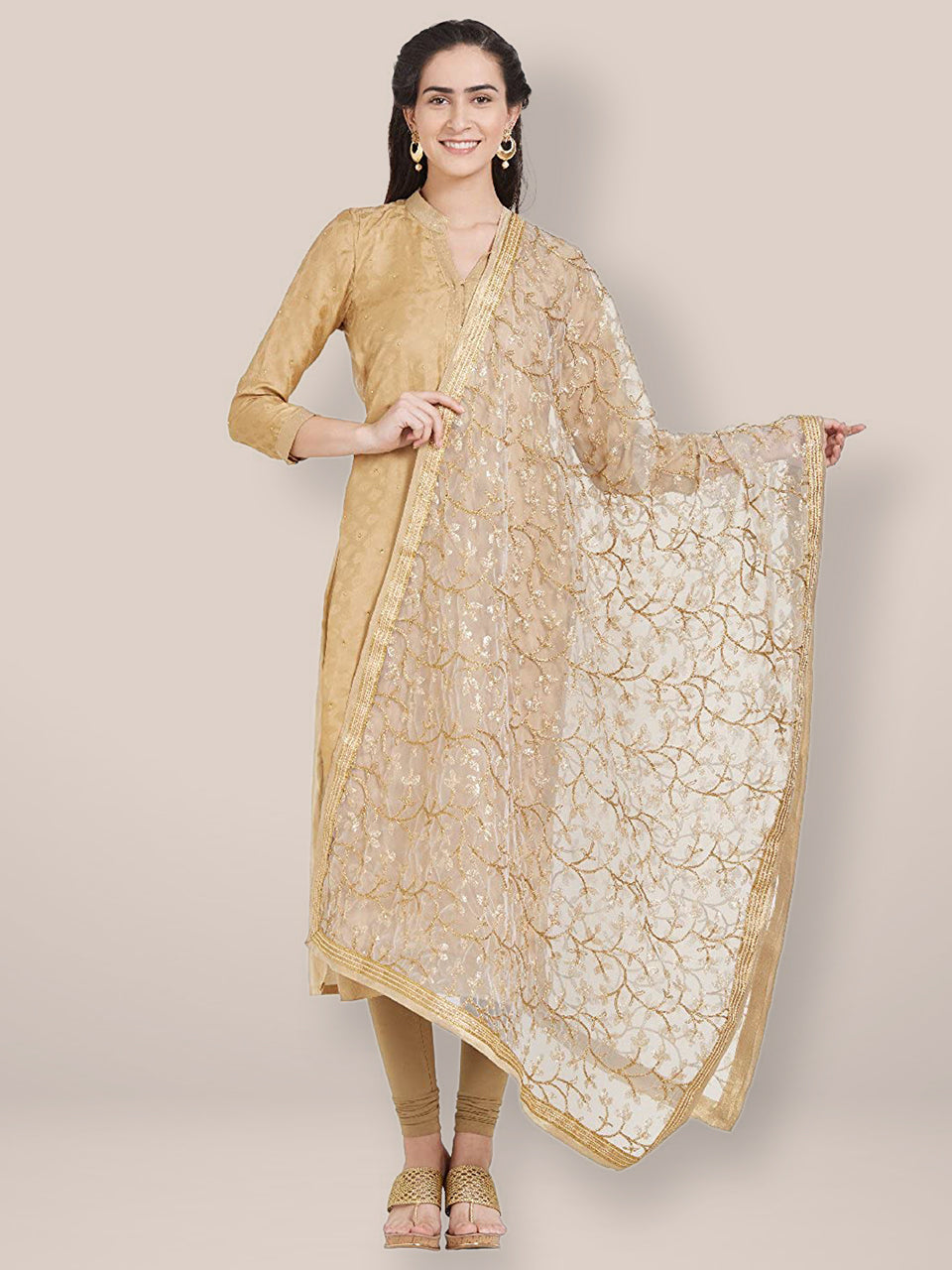 White & Gold Embroidered Net Dupatta freeshipping - Dupatta Bazaar