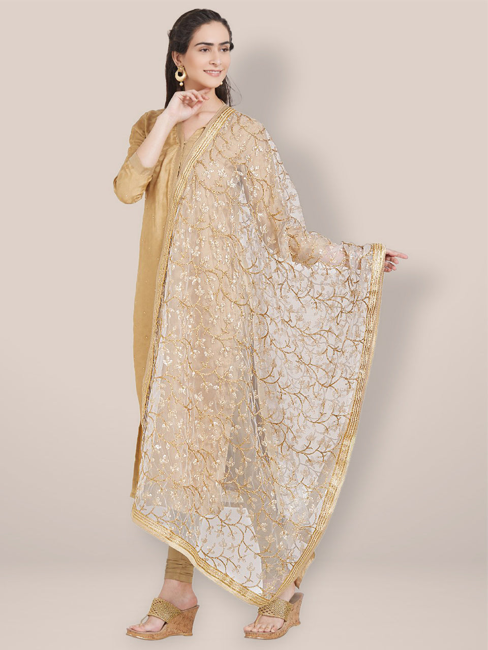 White & Gold Embroidered Net Dupatta freeshipping - Dupatta Bazaar