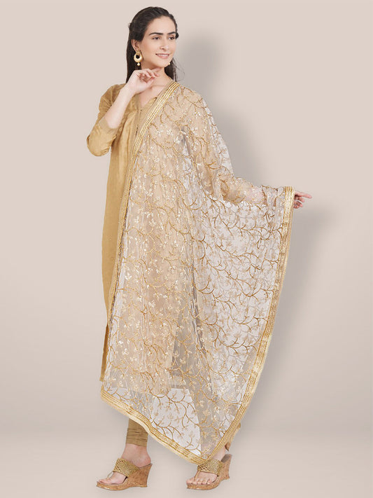 White & Gold Embroidered Net Dupatta freeshipping - Dupatta Bazaar