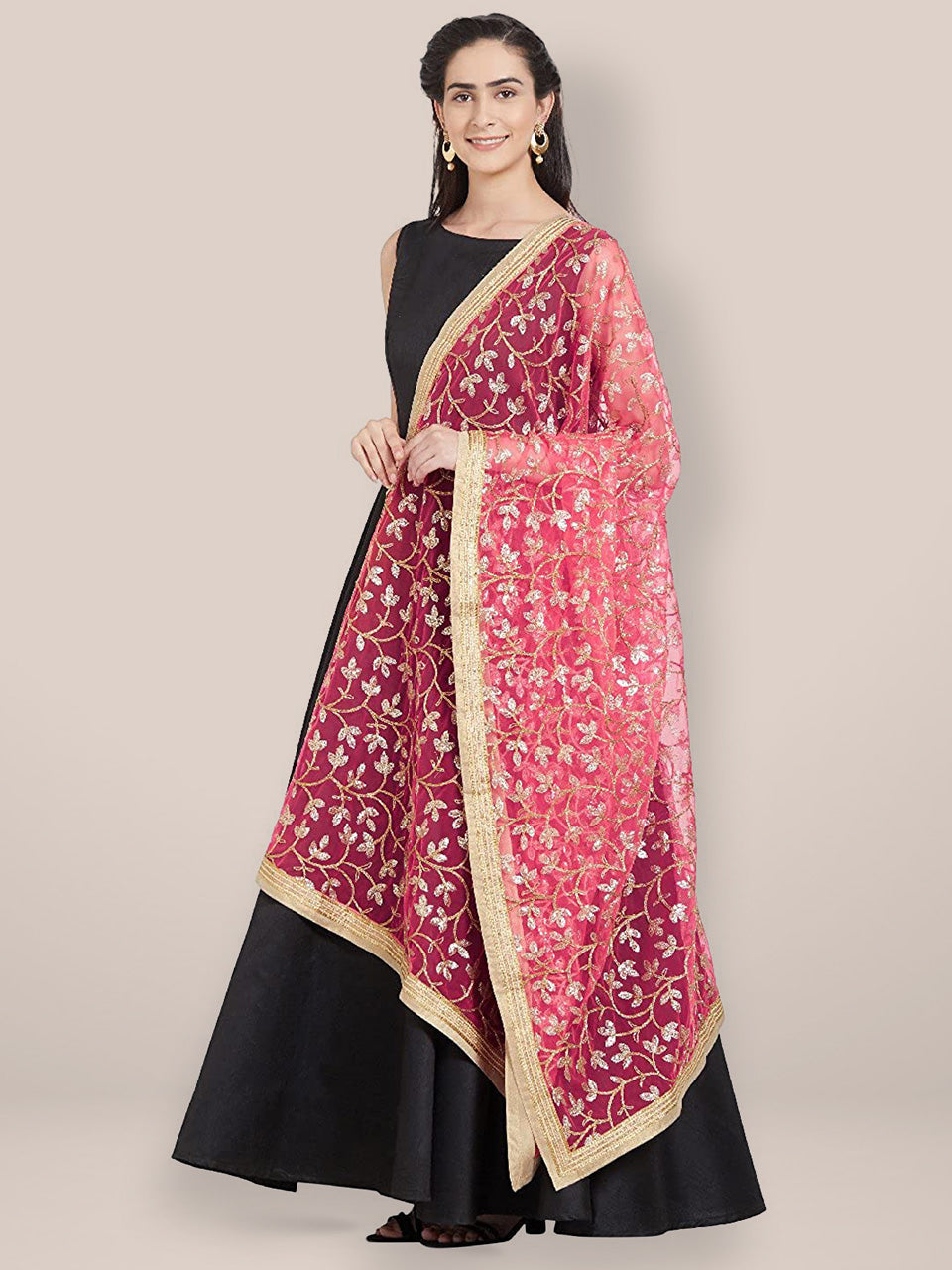 Pink & Gold Embroidered Net Dupatta freeshipping - Dupatta Bazaar