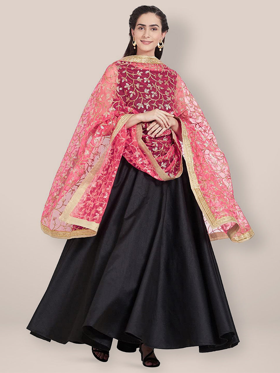 Pink & Gold Embroidered Net Dupatta freeshipping - Dupatta Bazaar