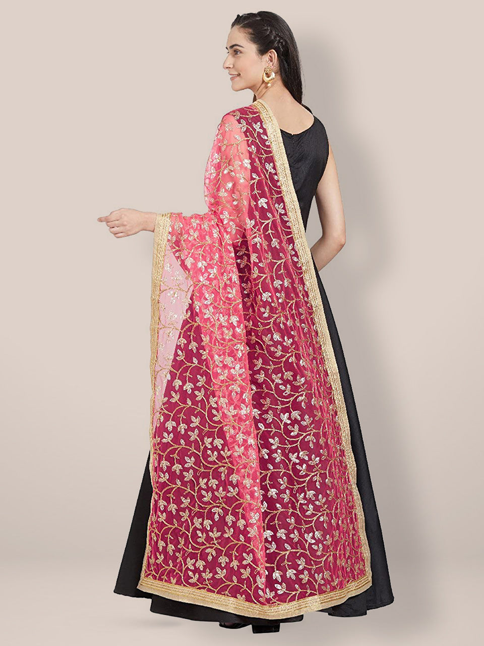 Pink & Gold Embroidered Net Dupatta freeshipping - Dupatta Bazaar