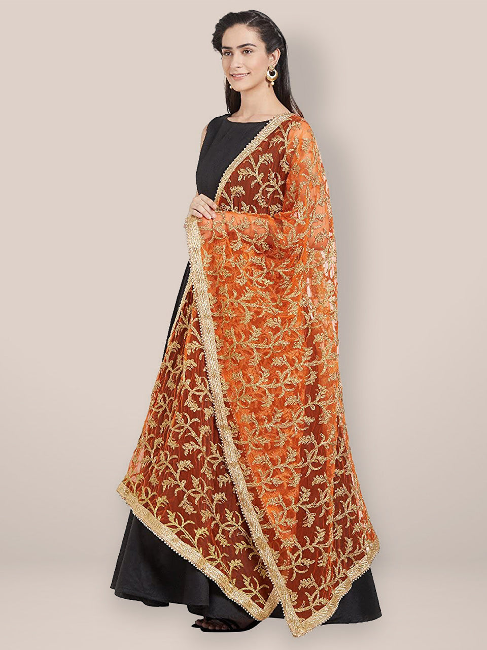 Orange & Gold Embroidered Net Dupatta freeshipping - Dupatta Bazaar