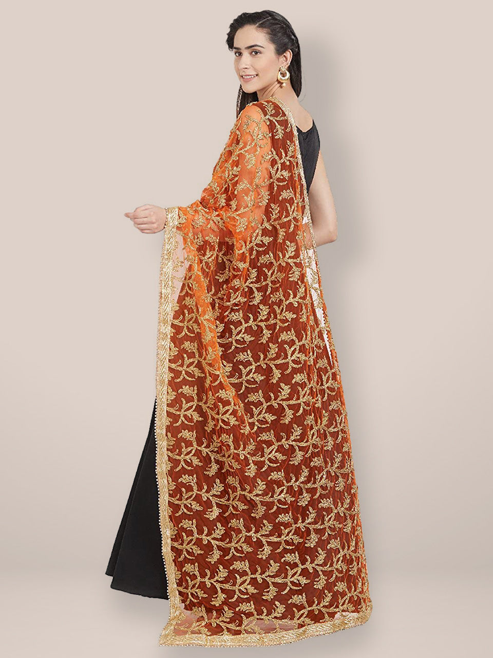 Orange & Gold Embroidered Net Dupatta freeshipping - Dupatta Bazaar