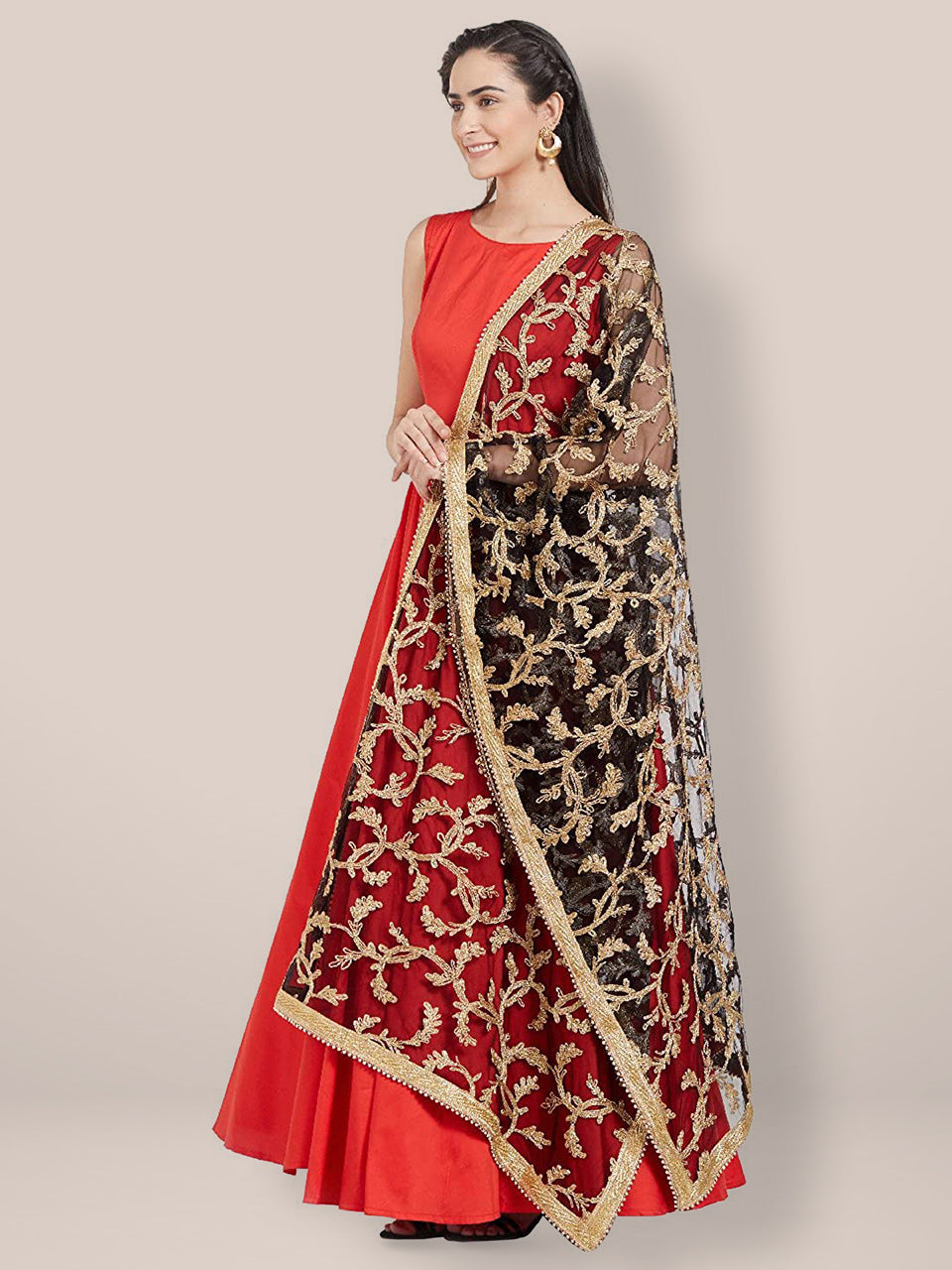 Black & Gold Embroidered Net Dupatta freeshipping - Dupatta Bazaar