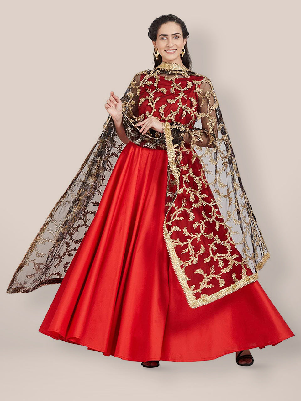 Black & Gold Embroidered Net Dupatta freeshipping - Dupatta Bazaar