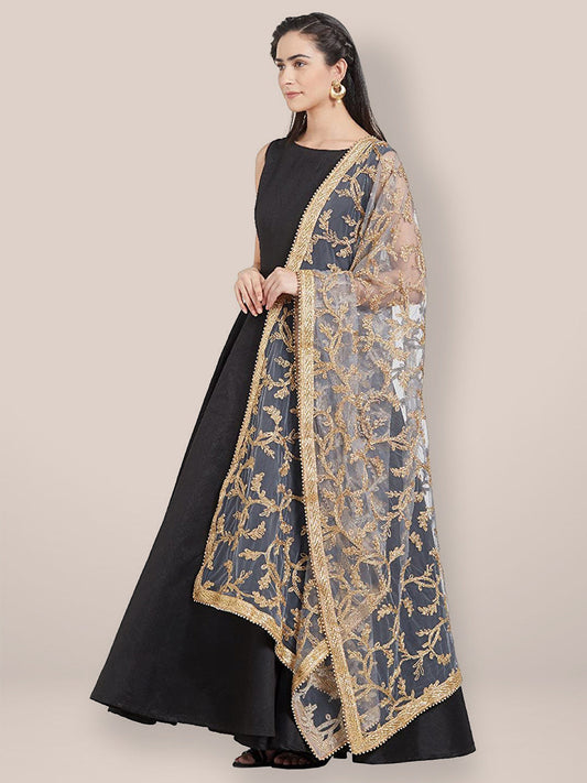 Grey & Gold Embroidered Net Dupatta freeshipping - Dupatta Bazaar