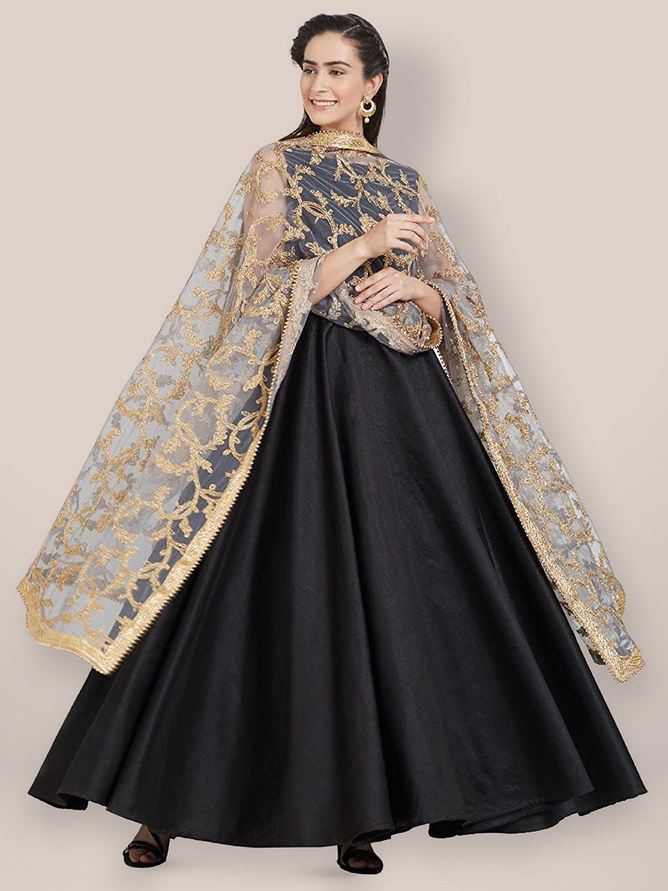 Grey & Gold Embroidered Net Dupatta freeshipping - Dupatta Bazaar