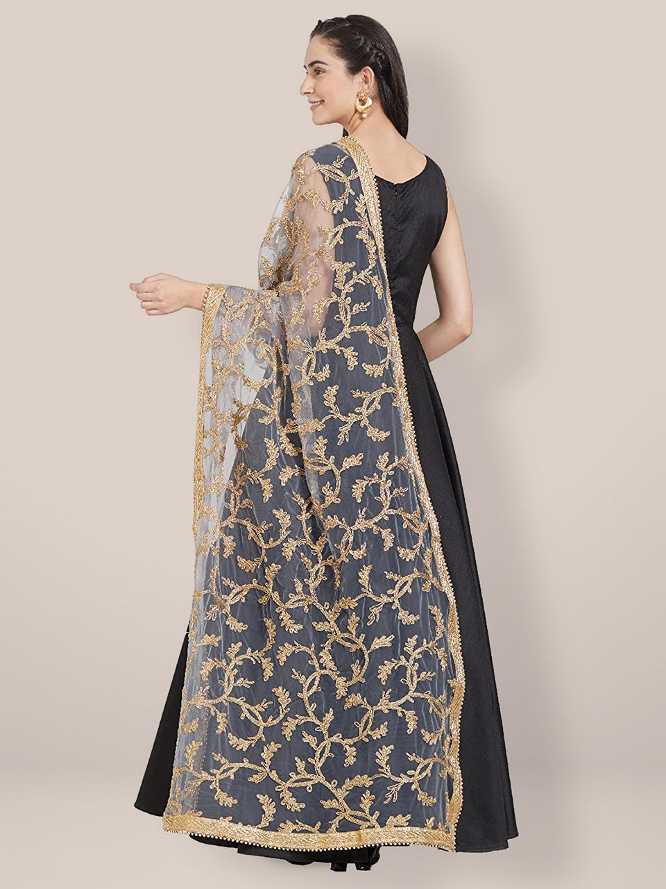 Grey & Gold Embroidered Net Dupatta freeshipping - Dupatta Bazaar