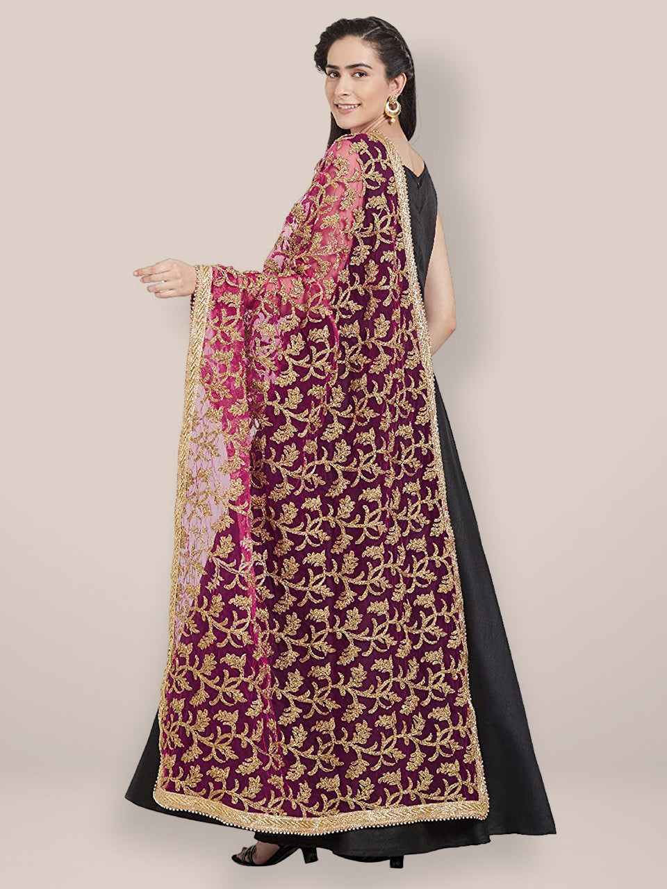 Pink & Gold Embroidered Net Dupatta freeshipping - Dupatta Bazaar