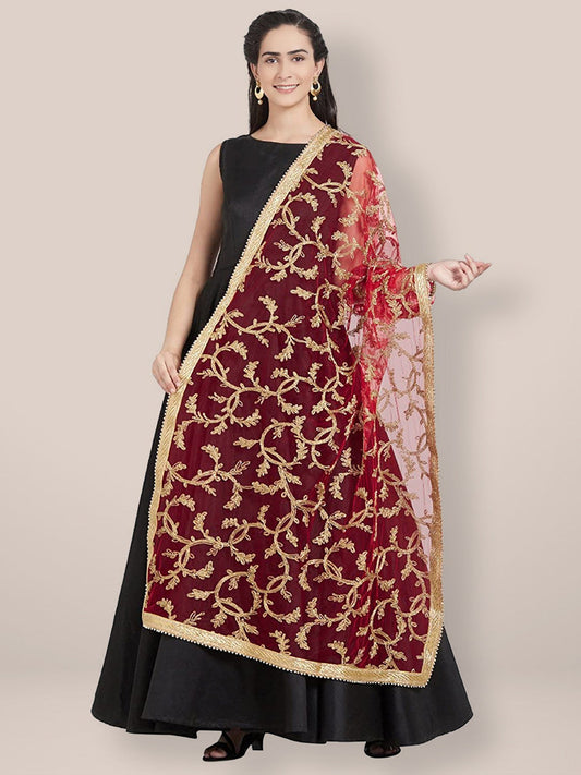 Red & Gold Embroidered Net Dupatta freeshipping - Dupatta Bazaar